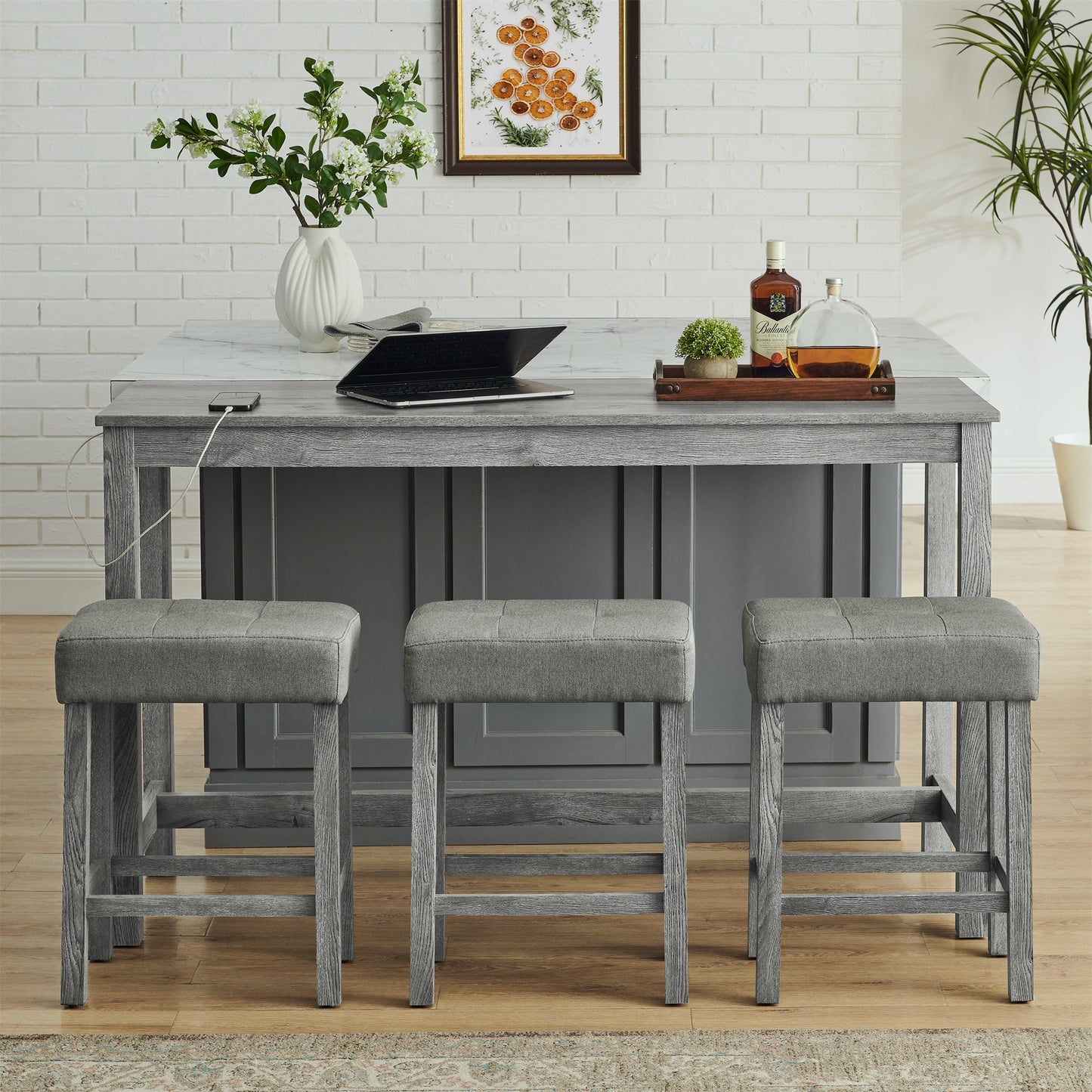 59 Inch Bar Table, Dining Table, Sofa Table with Power Outlet, 3 Upholstered Stools, 4 Piece Bar Table and Chair Set for Living Room, Dining Room, Kitchen - 1st Choice Furniture Direct