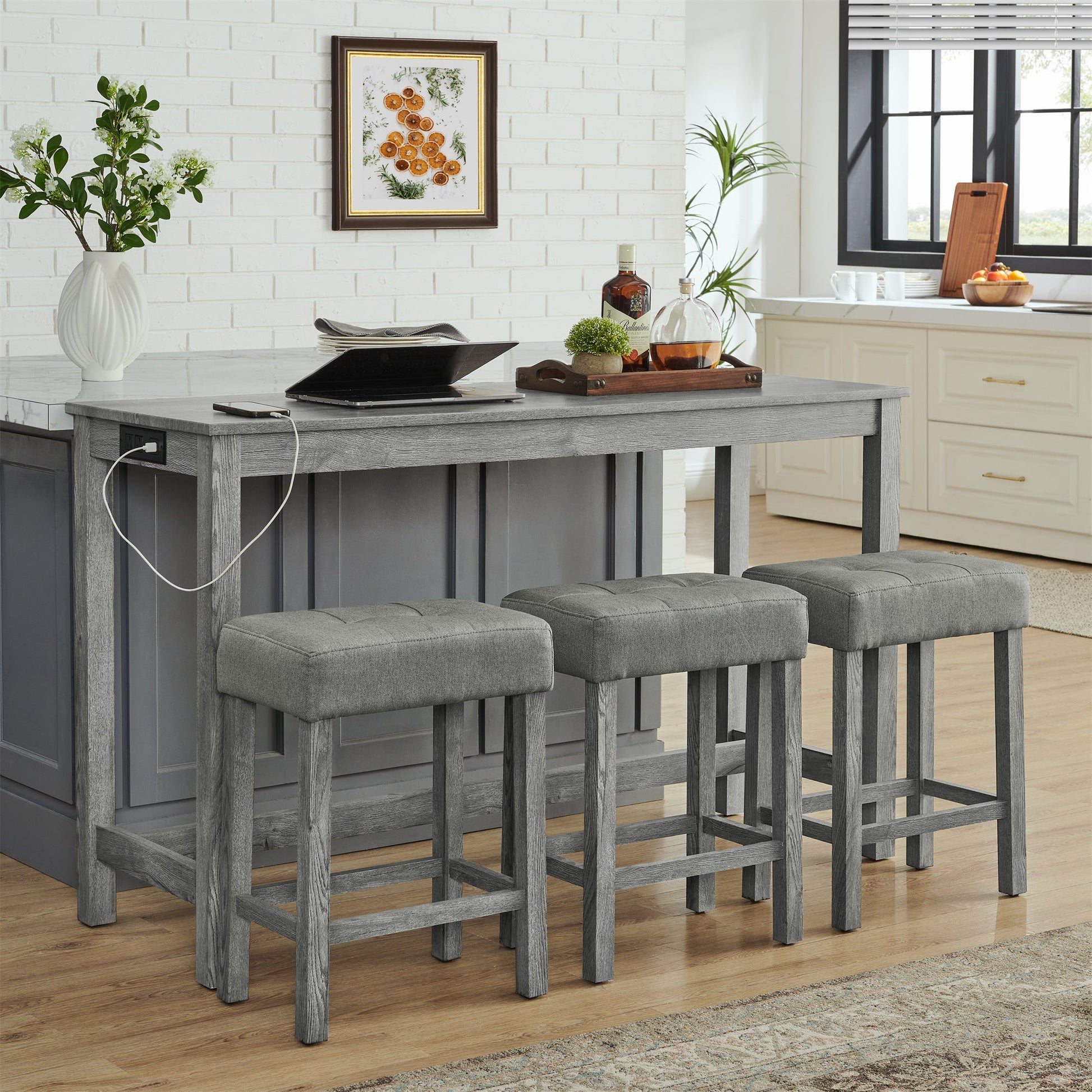 59 Inch Bar Table, Dining Table, Sofa Table with Power Outlet, 3 Upholstered Stools, 4 Piece Bar Table and Chair Set for Living Room, Dining Room, Kitchen - 1st Choice Furniture Direct