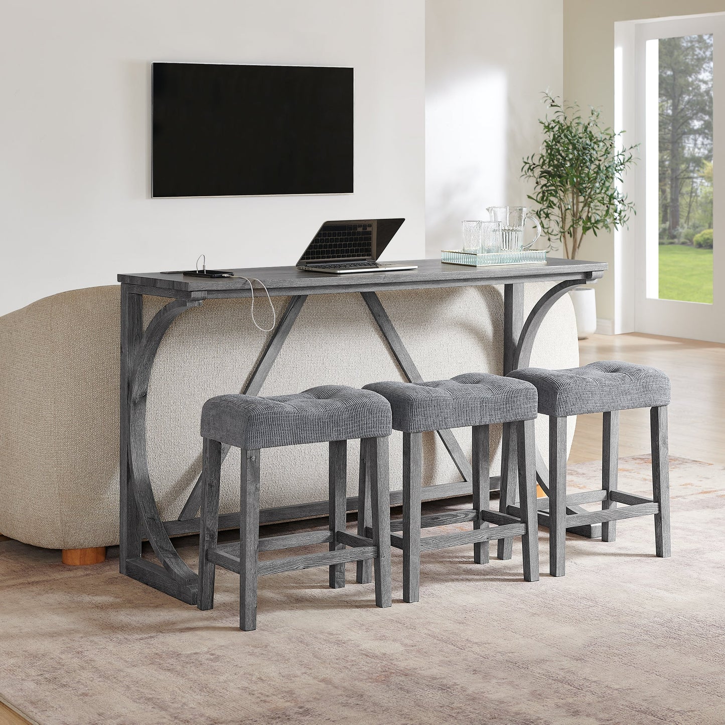 59 Inch Bar Table, Dining Table, Sofa Table with Power Outlet, 3 Upholstered Stools, 4 Piece Bar Table and Chair Set for Living Room, Dining Room, Kitchen - 1st Choice Furniture Direct