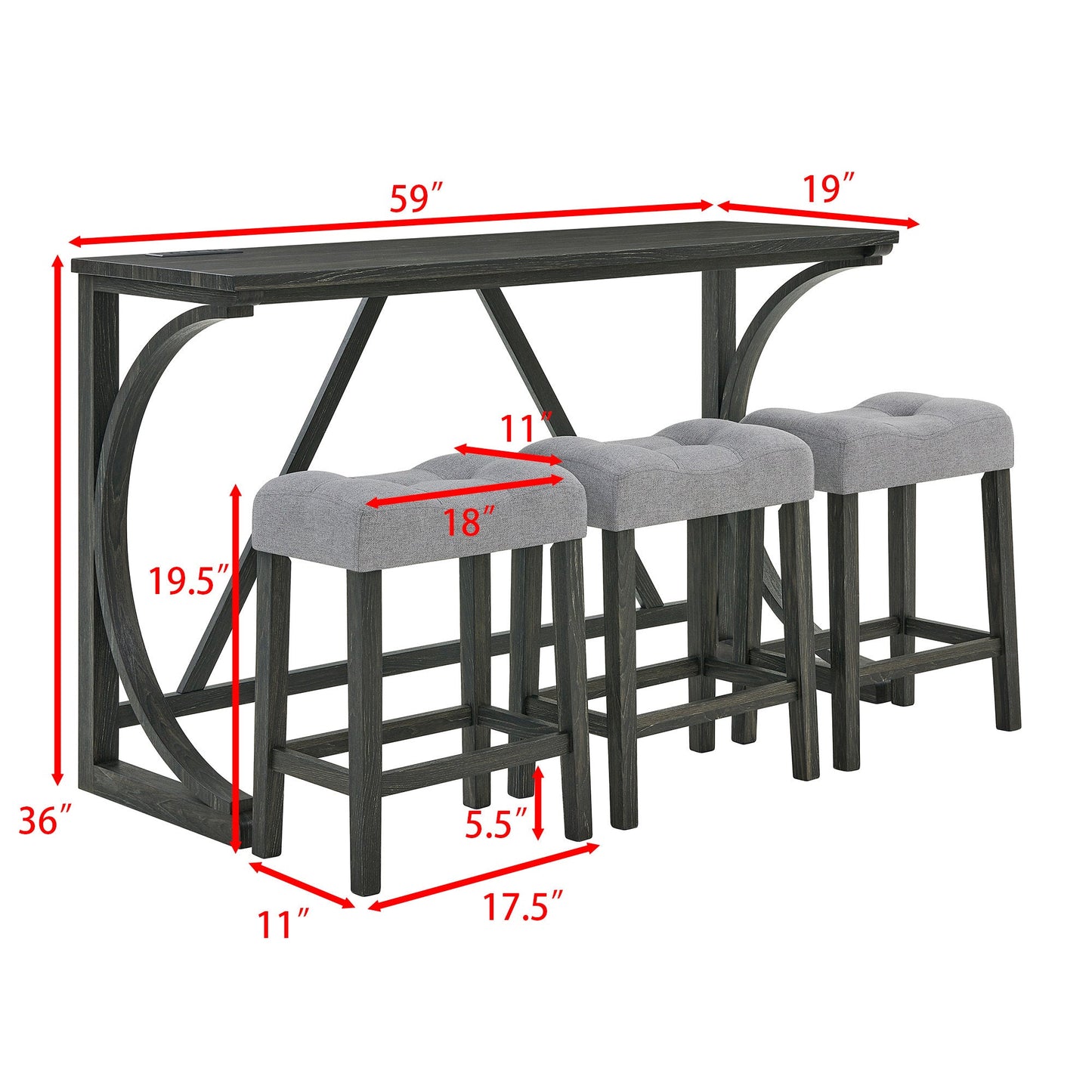 59 Inch Bar Table, Dining Table, Sofa Table with Power Outlet, 3 Upholstered Stools, 4 Piece Bar Table and Chair Set for Living Room, Dining Room, Kitchen - 1st Choice Furniture Direct