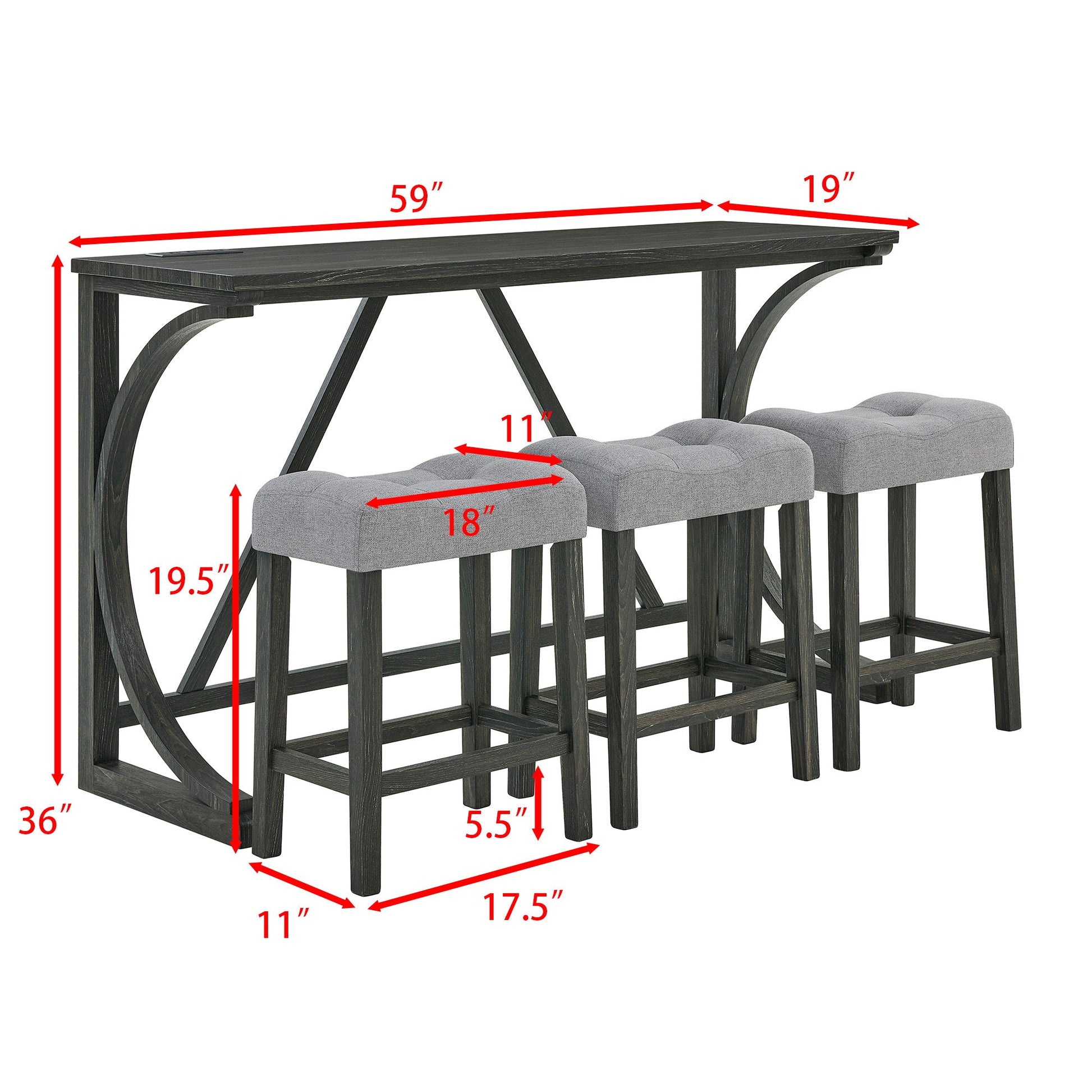 59 Inch Bar Table, Dining Table, Sofa Table with Power Outlet, 3 Upholstered Stools, 4 Piece Bar Table and Chair Set for Living Room, Dining Room, Kitchen - 1st Choice Furniture Direct