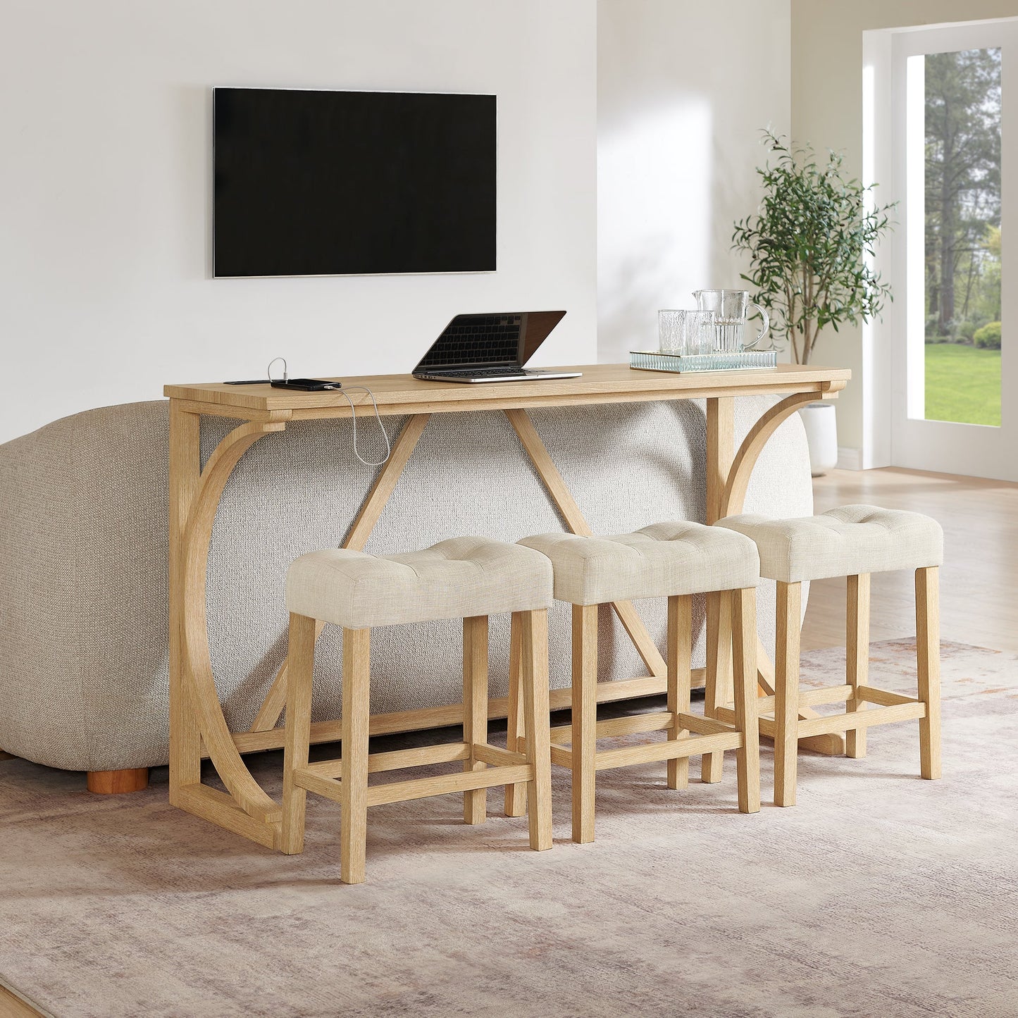 59 Inch Bar Table, Dining Table, Sofa Table with Power Outlet, 3 Upholstered Stools, 4 Piece Bar Table and Chair Set for Living Room, Dining Room, Kitchen - 1st Choice Furniture Direct