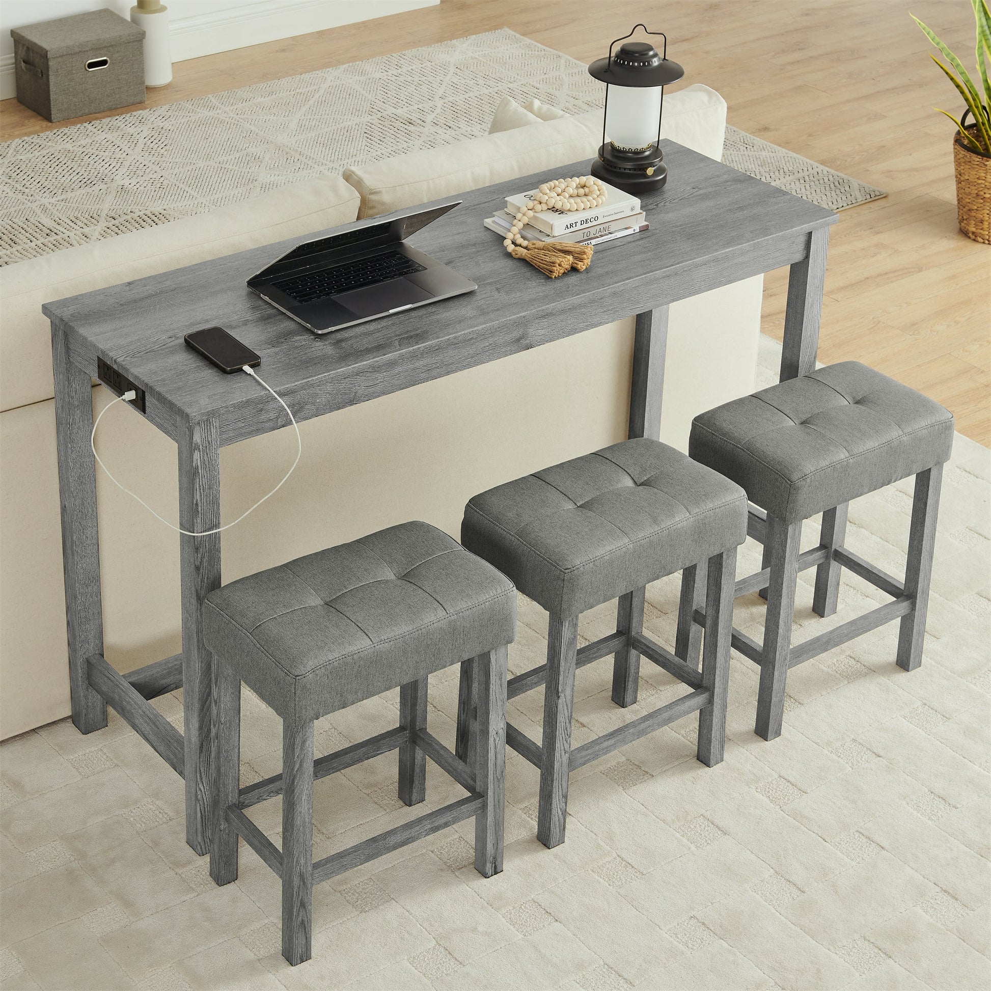 59 Inch Bar Table, Dining Table, Sofa Table with Power Outlet, 3 Upholstered Stools, 4 Piece Bar Table and Chair Set for Living Room, Dining Room, Kitchen - 1st Choice Furniture Direct