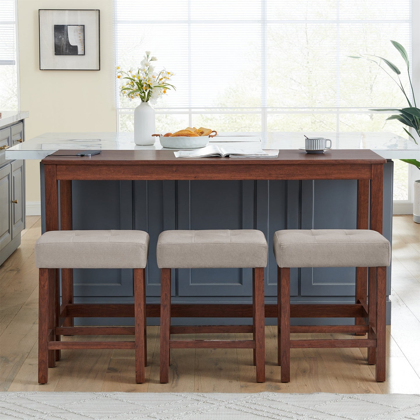 59 Inch Bar Table, Dining Table, Sofa Table with Power Outlet, 3 Upholstered Stools, 4 Piece Bar Table and Chair Set for Living Room, Dining Room, Kitchen - 1st Choice Furniture Direct