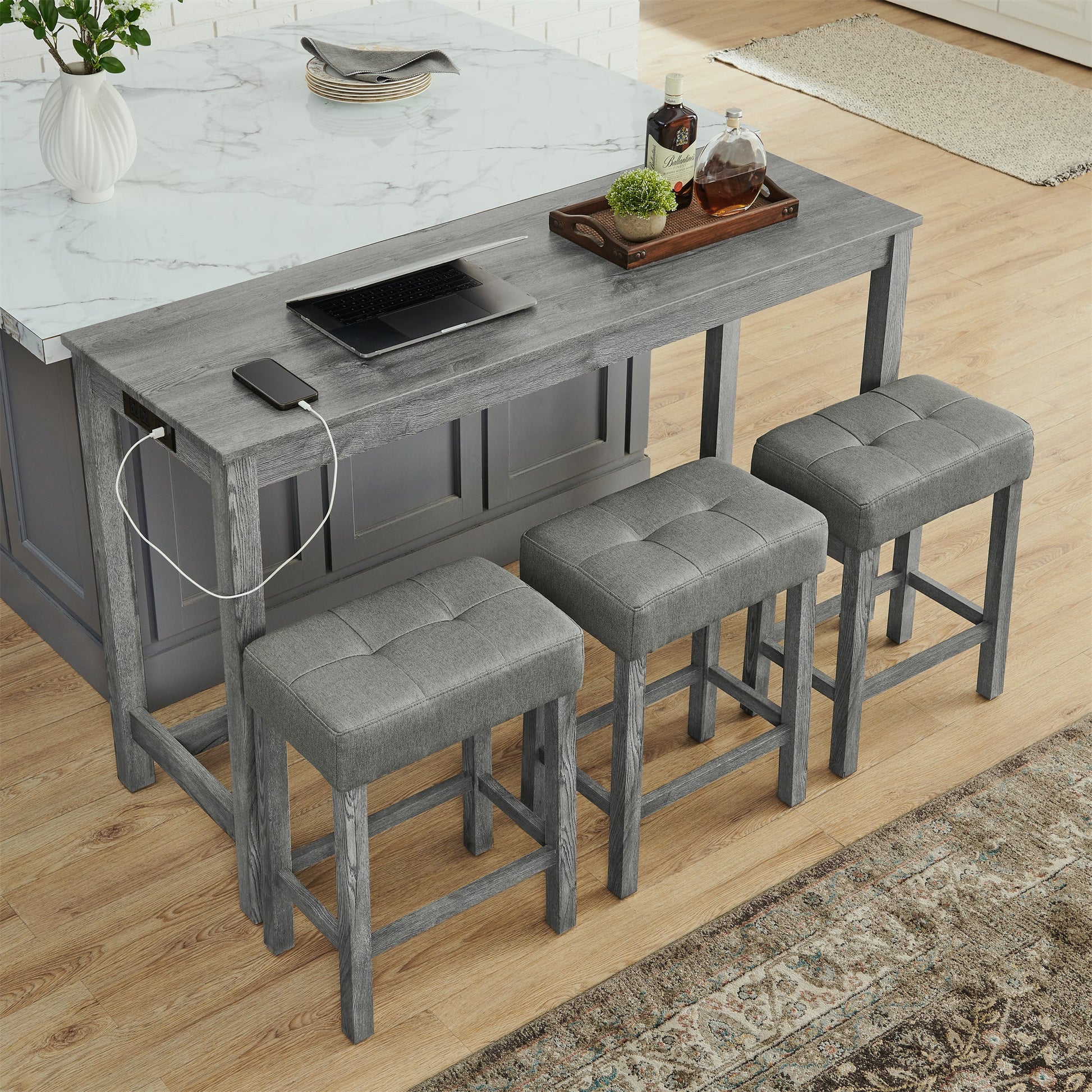 59 Inch Bar Table, Dining Table, Sofa Table with Power Outlet, 3 Upholstered Stools, 4 Piece Bar Table and Chair Set for Living Room, Dining Room, Kitchen - 1st Choice Furniture Direct