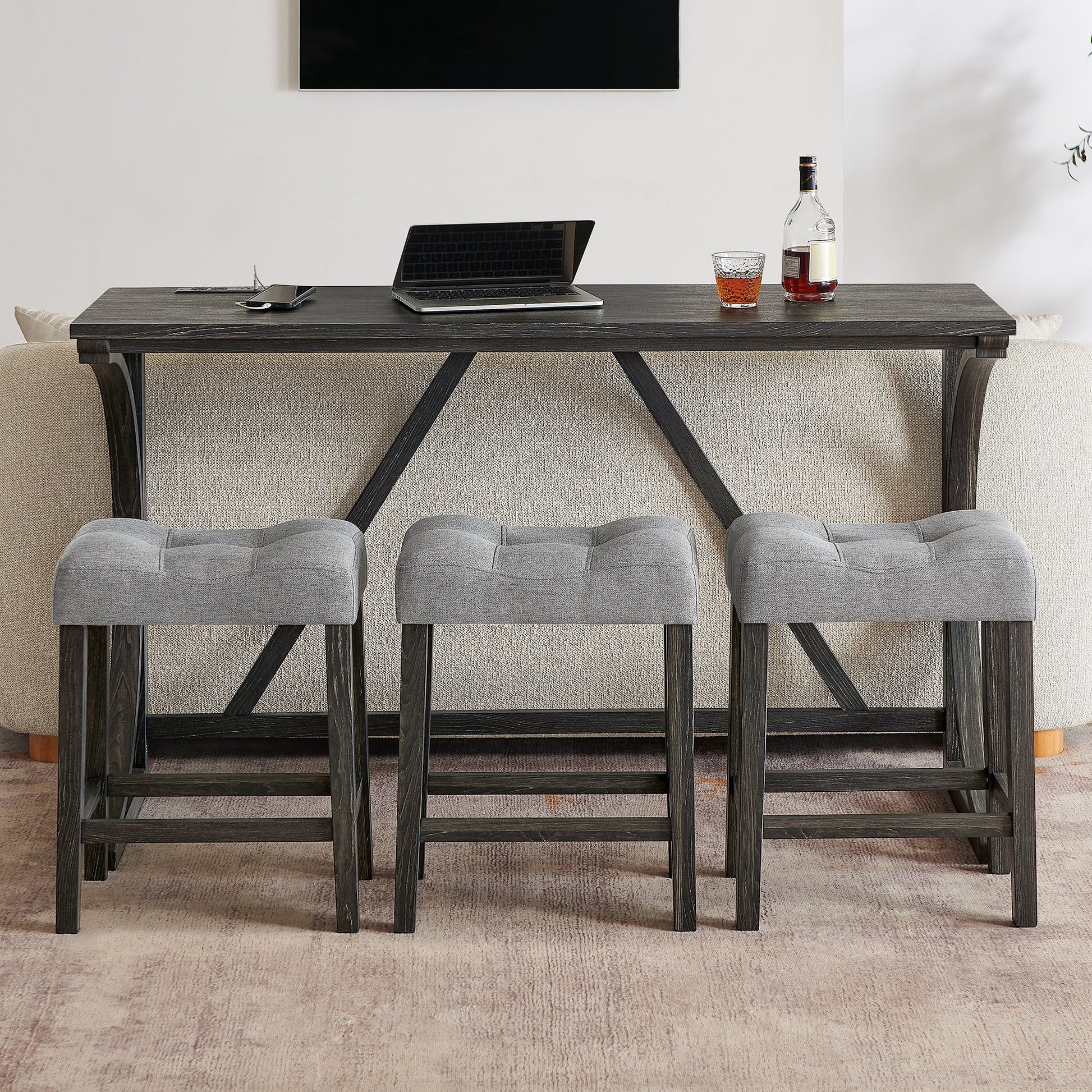 59 Inch Bar Table, Dining Table, Sofa Table with Power Outlet, 3 Upholstered Stools, 4 Piece Bar Table and Chair Set for Living Room, Dining Room, Kitchen - 1st Choice Furniture Direct