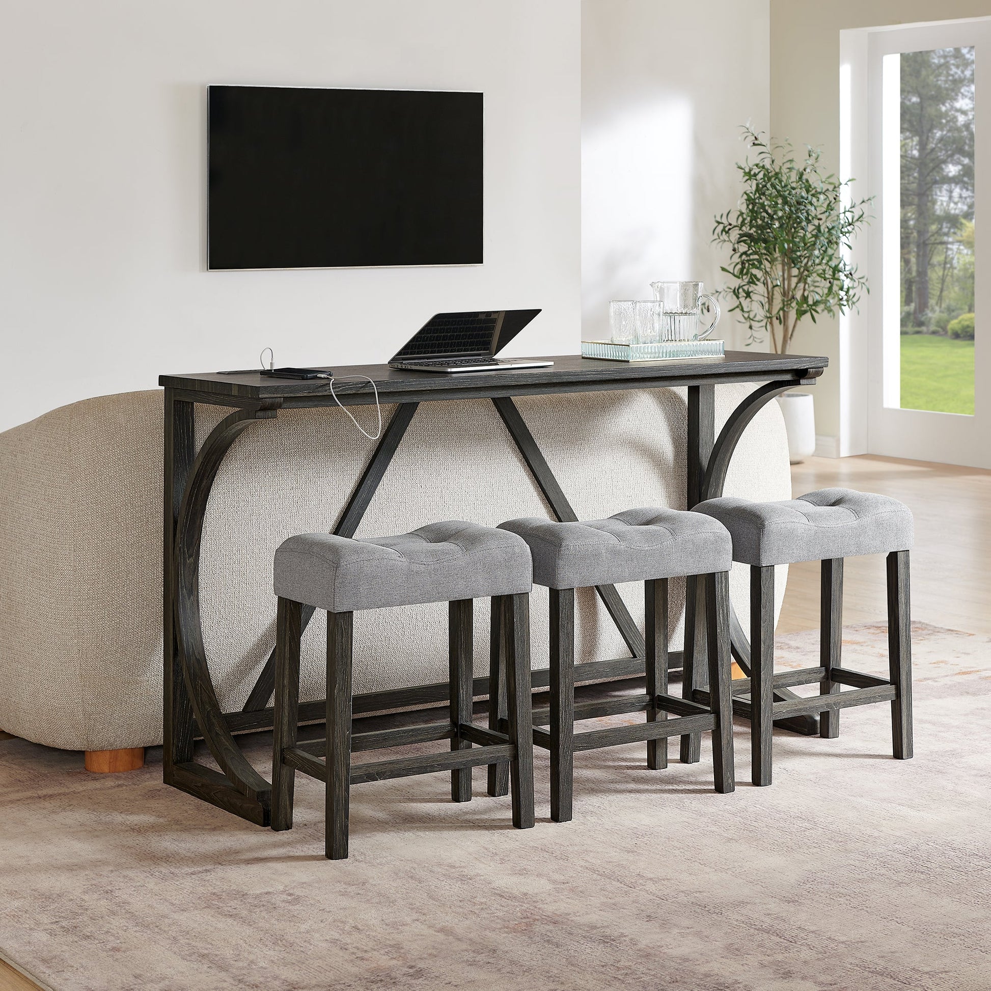 59 Inch Bar Table, Dining Table, Sofa Table with Power Outlet, 3 Upholstered Stools, 4 Piece Bar Table and Chair Set for Living Room, Dining Room, Kitchen - 1st Choice Furniture Direct