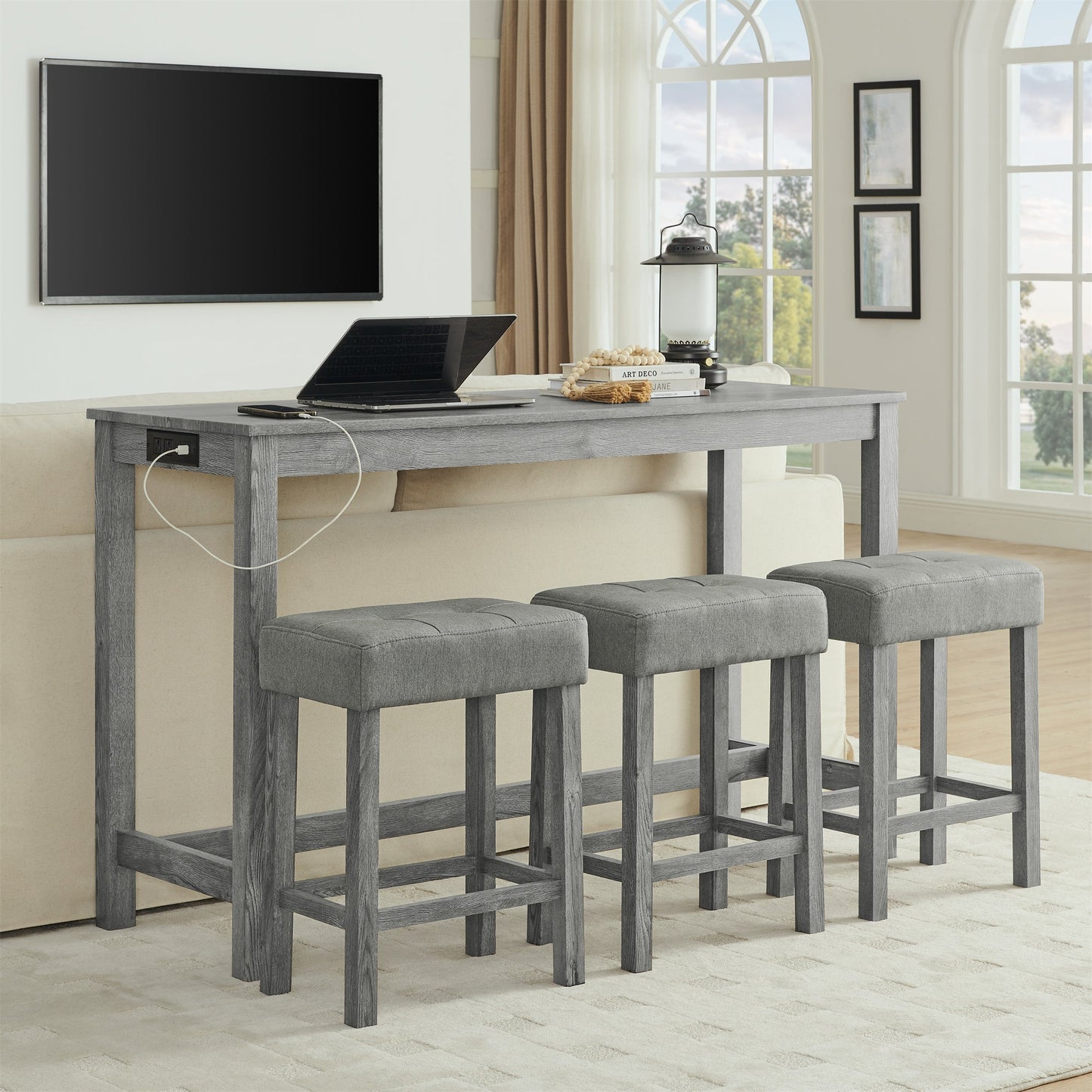 59 Inch Bar Table, Dining Table, Sofa Table with Power Outlet, 3 Upholstered Stools, 4 Piece Bar Table and Chair Set for Living Room, Dining Room, Kitchen - 1st Choice Furniture Direct