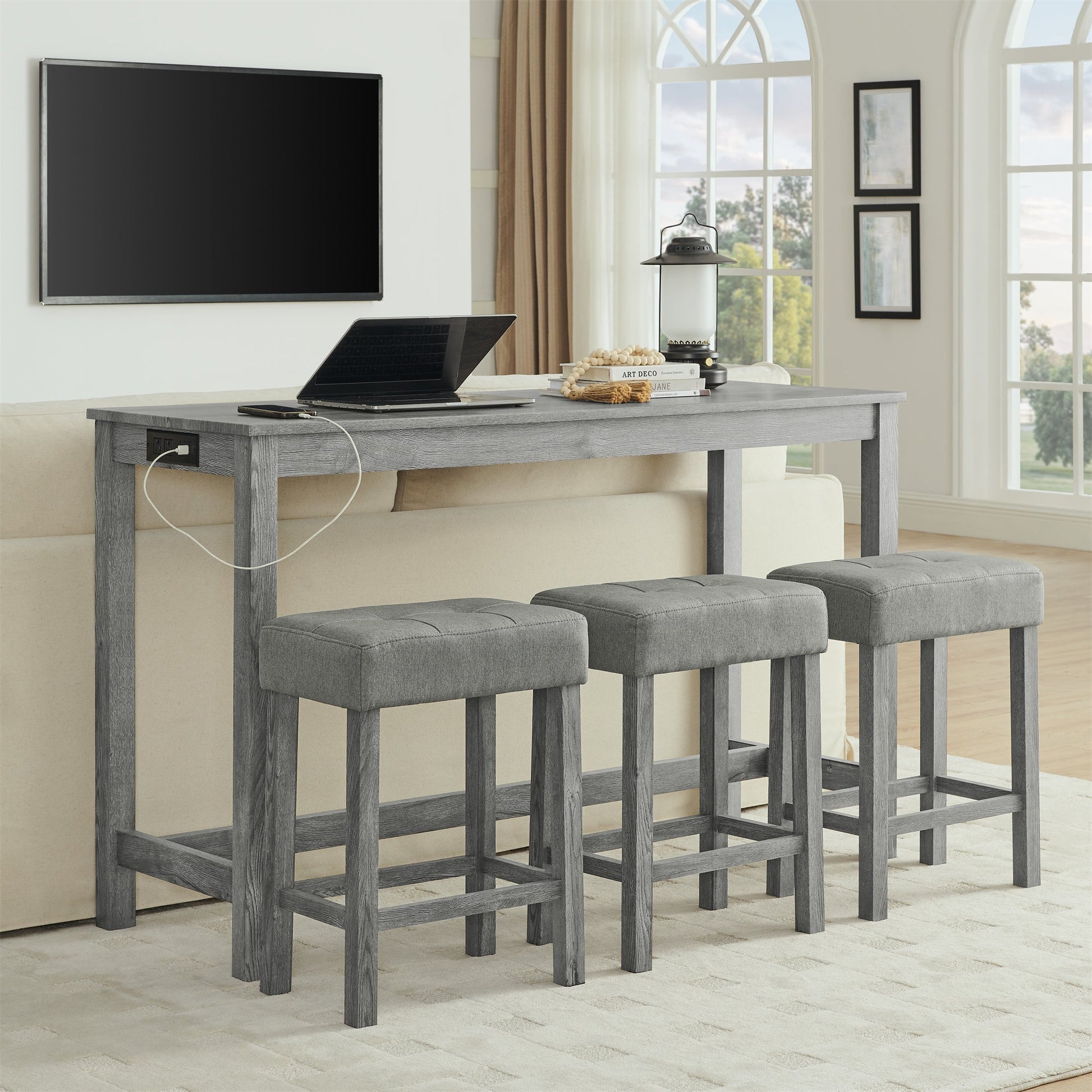 59 Inch Bar Table, Dining Table, Sofa Table with Power Outlet, 3 Upholstered Stools, 4 Piece Bar Table and Chair Set for Living Room, Dining Room, Kitchen - 1st Choice Furniture Direct