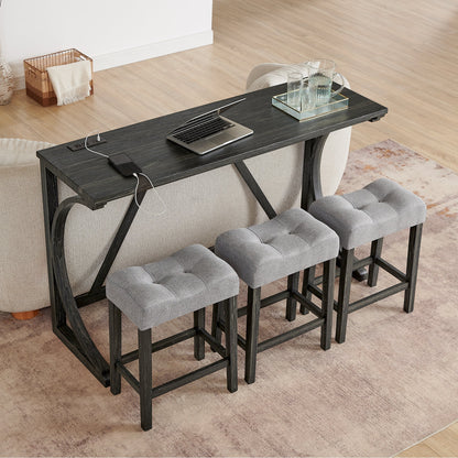 59 Inch Bar Table, Dining Table, Sofa Table with Power Outlet, 3 Upholstered Stools, 4 Piece Bar Table and Chair Set for Living Room, Dining Room, Kitchen - 1st Choice Furniture Direct
