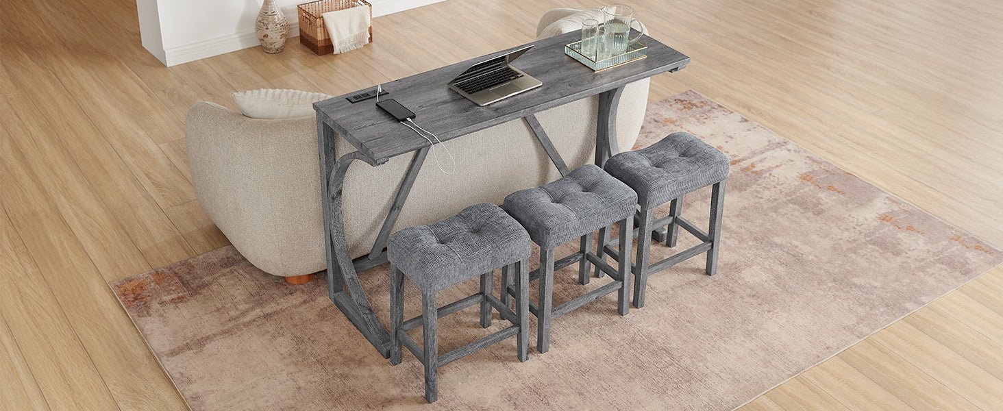59 Inch Bar Table, Dining Table, Sofa Table with Power Outlet, 3 Upholstered Stools, 4 Piece Bar Table and Chair Set for Living Room, Dining Room, Kitchen - 1st Choice Furniture Direct