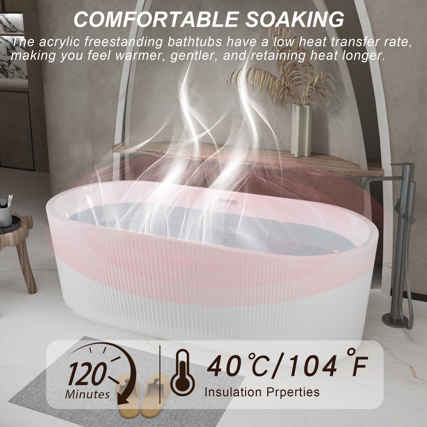 59'Linear AcrylicFreestanding Bathtub Stand Alone Soaker Tub, Glossy White Acrylic, POP - UP Chrome Drain, cUPC Certified - 1st Choice Furniture Direct