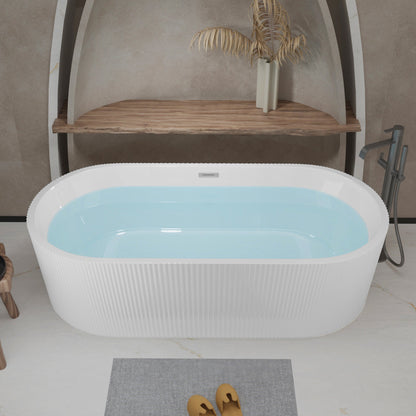 59'Linear AcrylicFreestanding Bathtub Stand Alone Soaker Tub, Glossy White Acrylic, POP - UP Chrome Drain, cUPC Certified - 1st Choice Furniture Direct