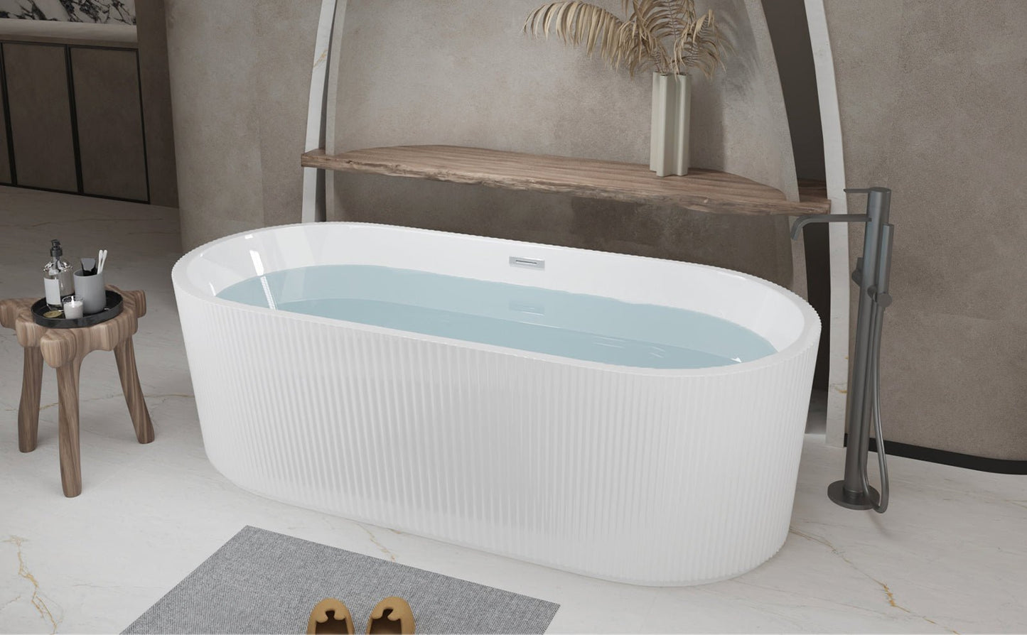 59'Linear AcrylicFreestanding Bathtub Stand Alone Soaker Tub, Glossy White Acrylic, POP - UP Chrome Drain, cUPC Certified - 1st Choice Furniture Direct