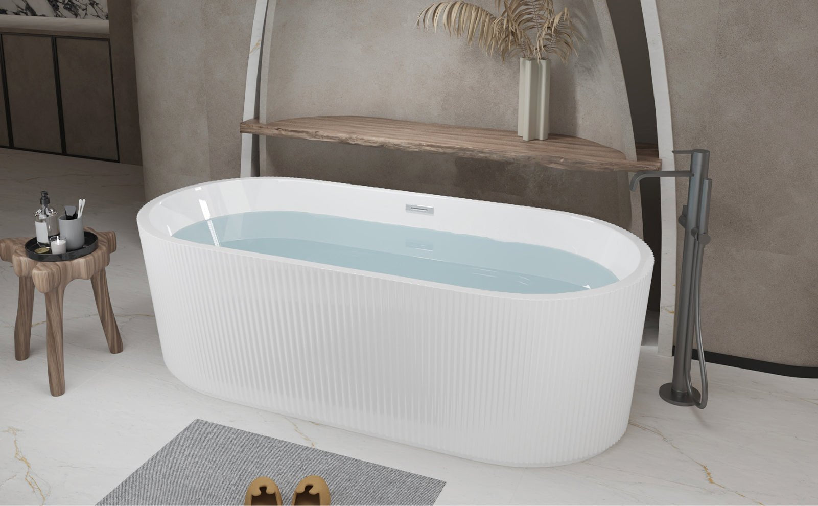 59'Linear AcrylicFreestanding Bathtub Stand Alone Soaker Tub, Glossy White Acrylic, POP - UP Chrome Drain, cUPC Certified - 1st Choice Furniture Direct