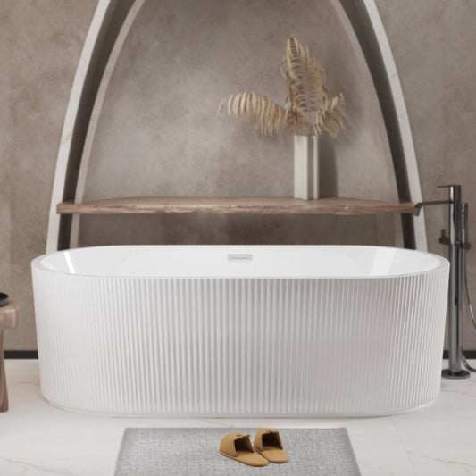 59'Linear AcrylicFreestanding Bathtub Stand Alone Soaker Tub, Glossy White Acrylic, POP - UP Chrome Drain, cUPC Certified - 1st Choice Furniture Direct