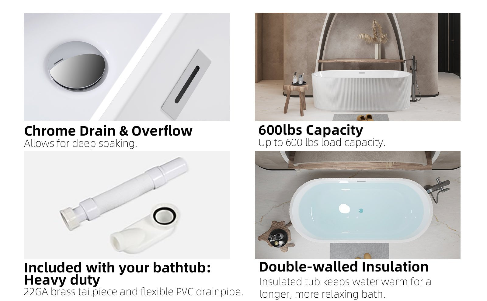 59'Linear AcrylicFreestanding Bathtub Stand Alone Soaker Tub, Glossy White Acrylic, POP - UP Chrome Drain, cUPC Certified - 1st Choice Furniture Direct