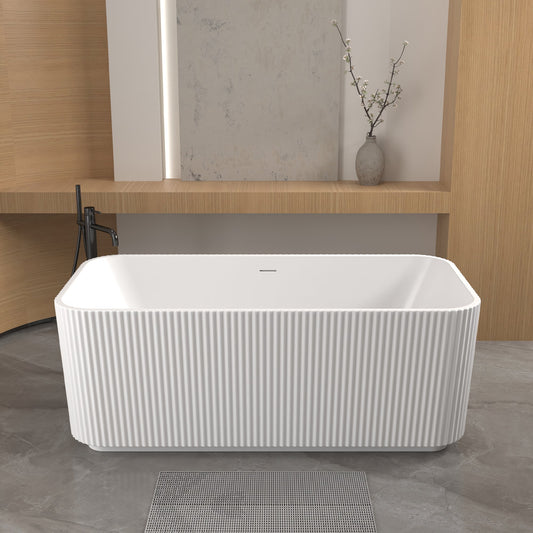 59'Rectangle Linear Acrylic Freestanding Bathtub Stand Alone Soaker Tub, Glossy White Acrylic, POP - UP Chrome Drain, cUPC Certified, - 1st Choice Furniture Direct