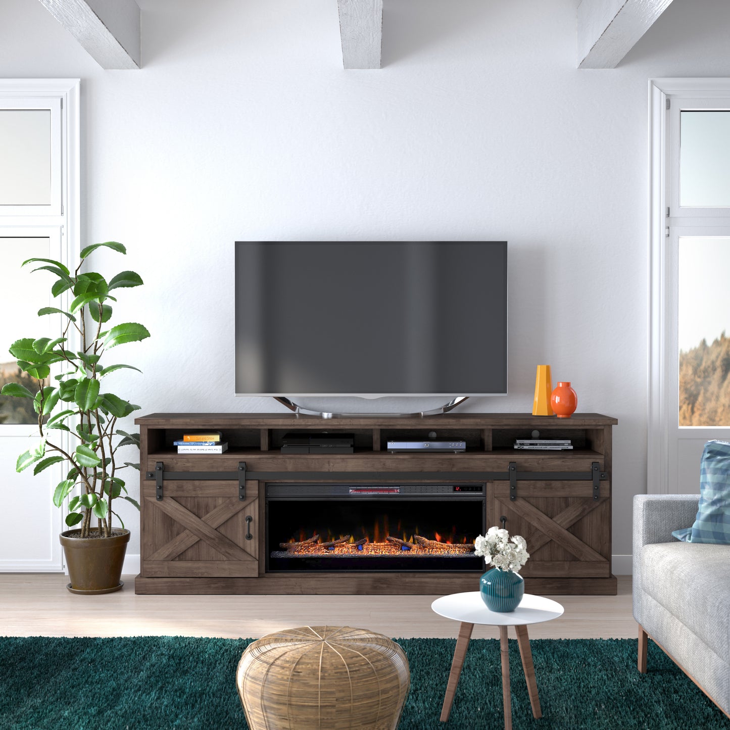 93 inch Electric Fireplace TV Stand for TVs up to 100 inches, Minimal Assembly, Barnwood Finish