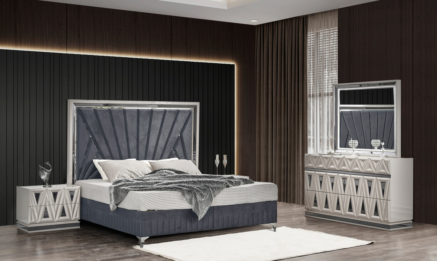 Lavita Modern & Contemporary Style 4 Pc King Upholstered Bedroom Set Made with Wood and Gold Accents in River Sand Grey