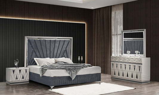 Lavita Modern & Contemporary Style 4 Pc King Upholstered Bedroom Set Made with Wood and Gold Accents in River Sand Grey