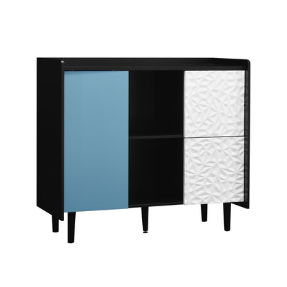 Modern Sideboard Buffet Cabinet with Red Doors and Unique Panel Styling, Black MDF, 35.43' x 15.74' x 31.49'