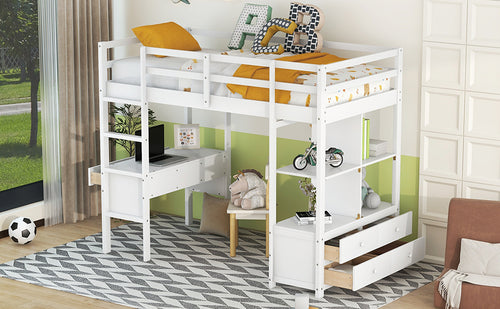 1st Choice Twin Size Loft Bed with Built-in Desk with Two Drawers in White