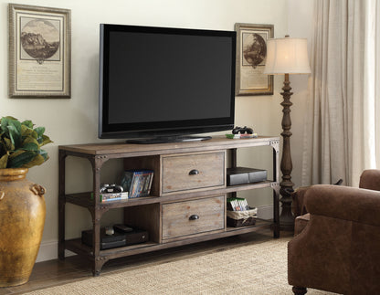 Gorden Weathered Oak Finish & Antique Silver Metal TV Stand