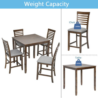 5 Piece Dining Table Set, Wooden Dining Square Table Set for 4, Counter Height Kitchen Table Set with Square Table and 4 Upholstered Chairs for Small Space, Walnut