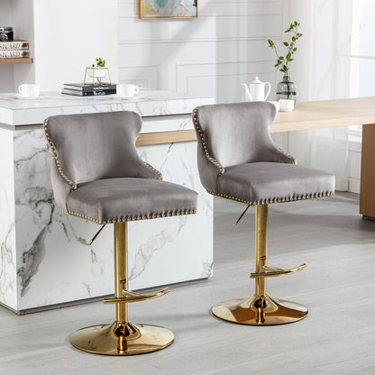 Seat Wide19.3 inches,Golden Swivel Velvet Barstools Adjusatble Seat Height from 25~33 Inch, Wing-Back Upholstered Bar Stools with Backs Comfortable Tufted for Kitchen Island or Bar,Gray,Set of 2