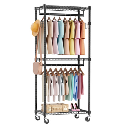 Mini Rolling Clothes Rack, Heavy Duty Garment Racks 3 Tiers Portable Adjustable Wire Shelves with Wheels, Hanging Rods & Side Hooks Metal Freestanding Clothing Wardrobe Closet - Black
