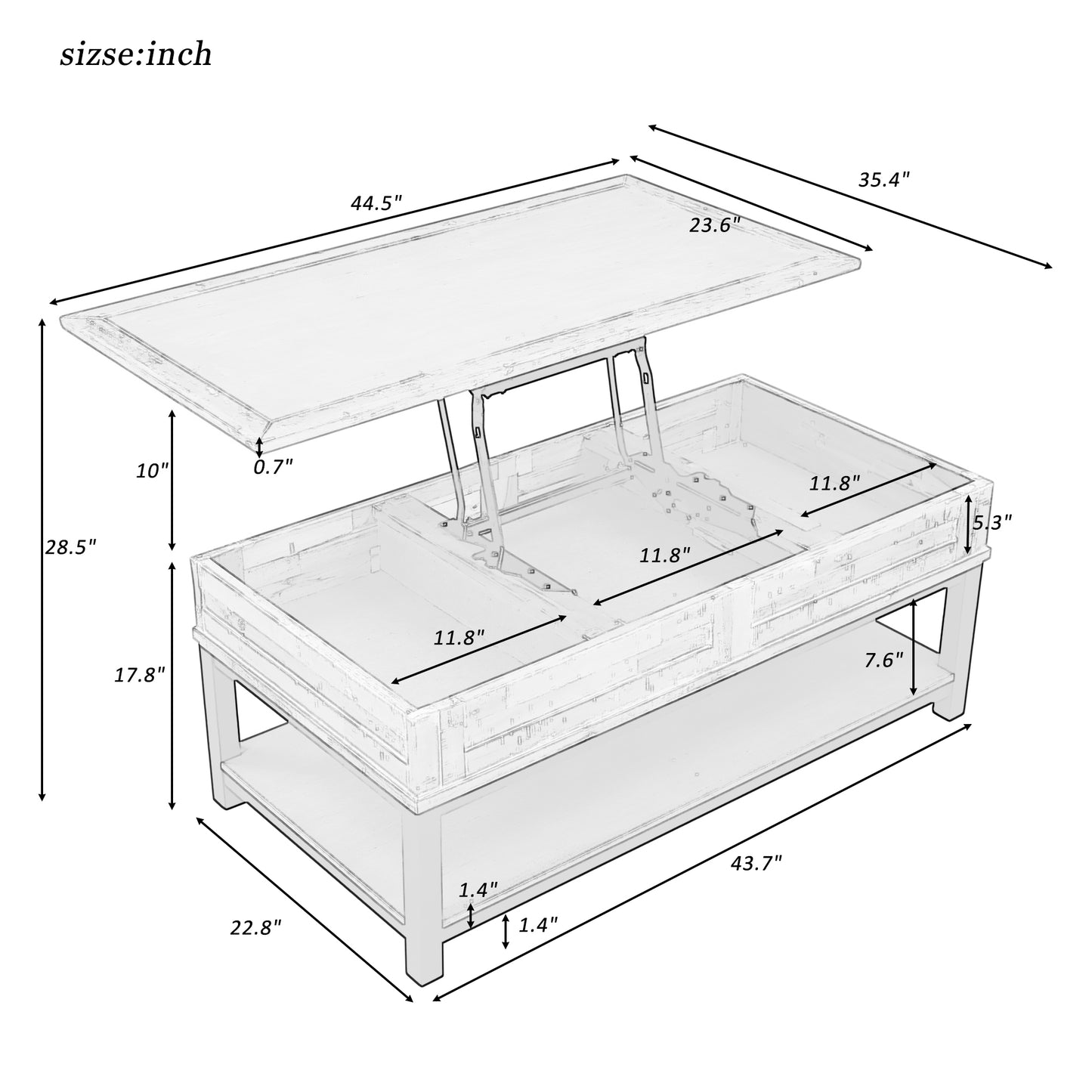 1st Choice U-style Lift Top Coffee Table with Inner Storage  Space and Shelf