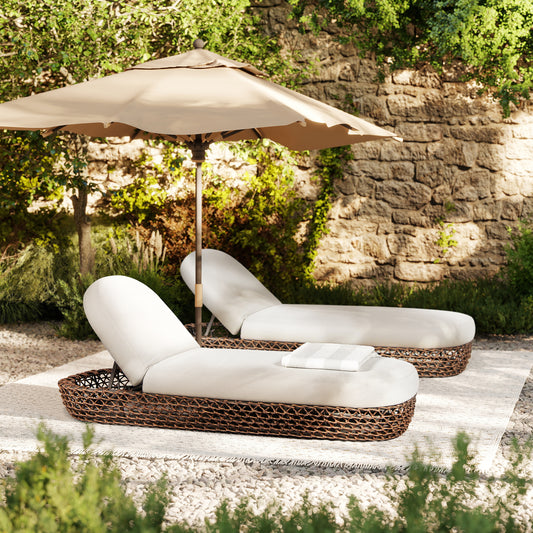 Willow 80.5' Sunbrella Upholstered Woven Patio Lounger, Golden Brown Wicker Frame, Wheat Beige