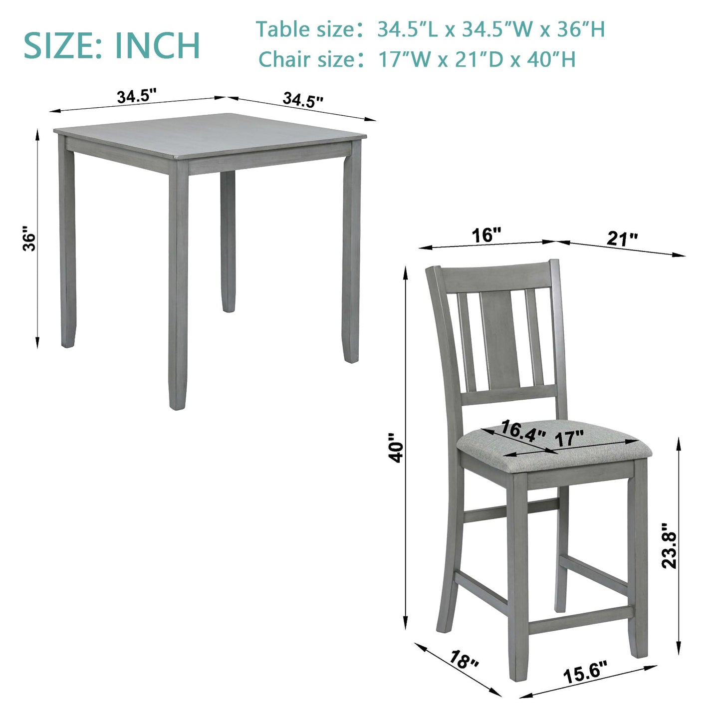 5PCs Dining Table Set, Wooden Dining Square Table Set for 4, Counter Height Kitchen Table Set with Square Table and 4 Upholstered Chairs for Small Space, Gray - 1st Choice Furniture Direct