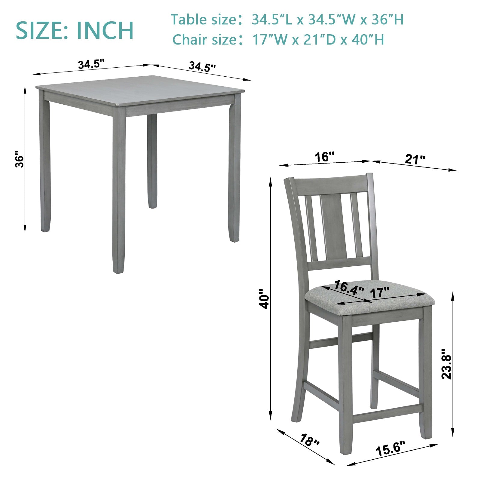 5PCs Dining Table Set, Wooden Dining Square Table Set for 4, Counter Height Kitchen Table Set with Square Table and 4 Upholstered Chairs for Small Space, Gray - 1st Choice Furniture Direct