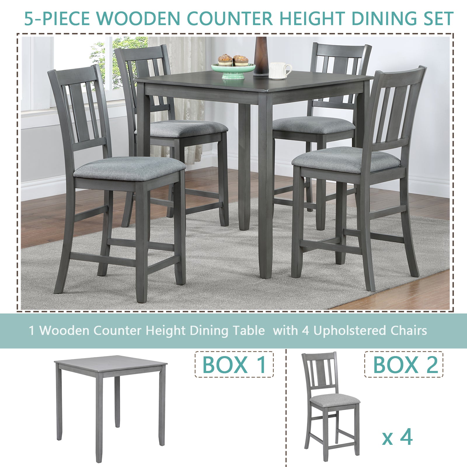 5PCs Dining Table Set, Wooden Dining Square Table Set for 4, Counter Height Kitchen Table Set with Square Table and 4 Upholstered Chairs for Small Space, Gray - 1st Choice Furniture Direct