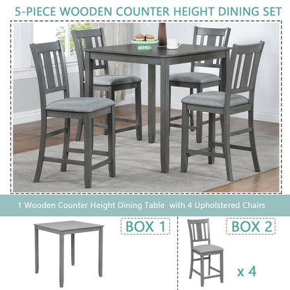 5PCs Dining Table Set, Wooden Dining Square Table Set for 4, Counter Height Kitchen Table Set with Square Table and 4 Upholstered Chairs for Small Space, Gray - 1st Choice Furniture Direct