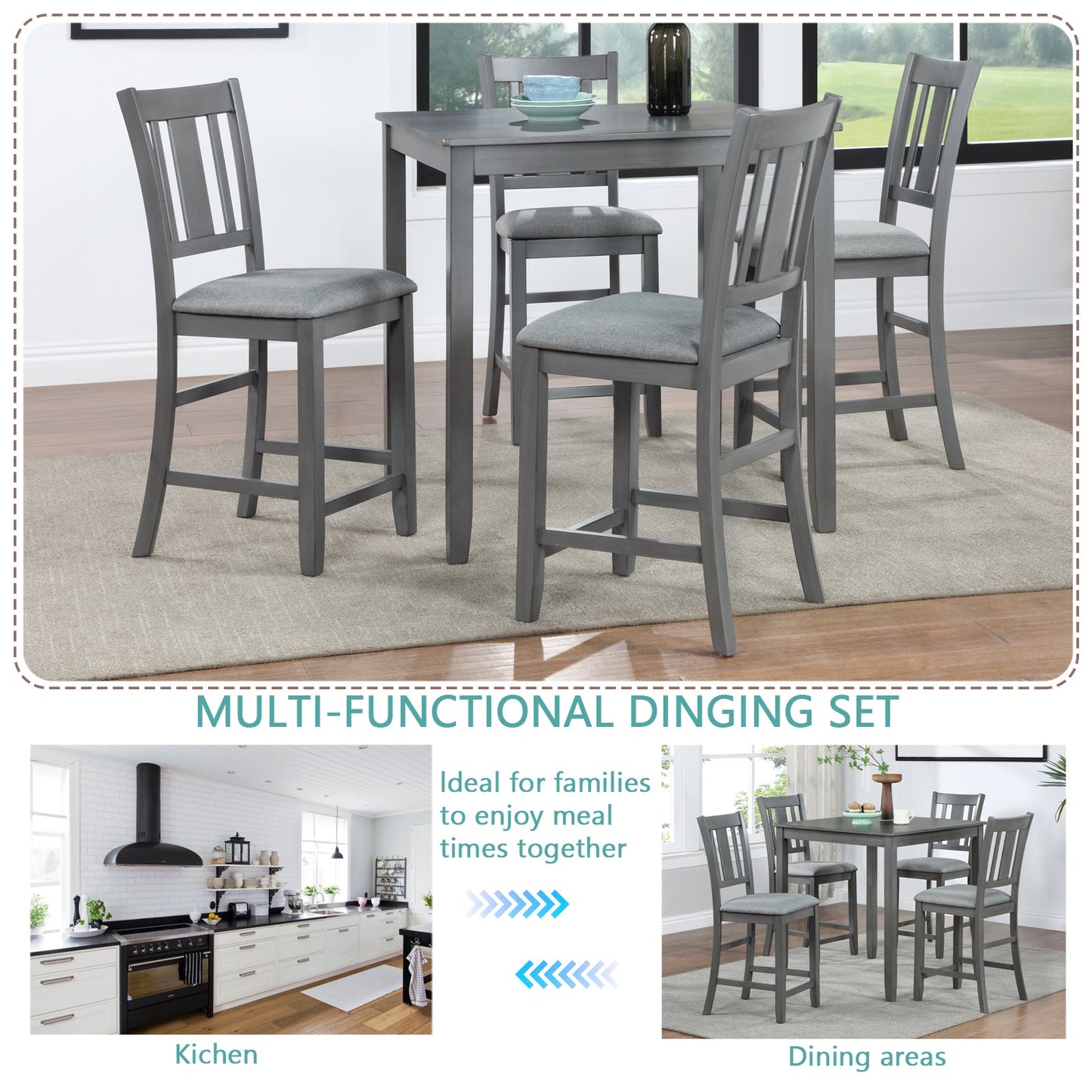 5PCs Dining Table Set, Wooden Dining Square Table Set for 4, Counter Height Kitchen Table Set with Square Table and 4 Upholstered Chairs for Small Space, Gray - 1st Choice Furniture Direct