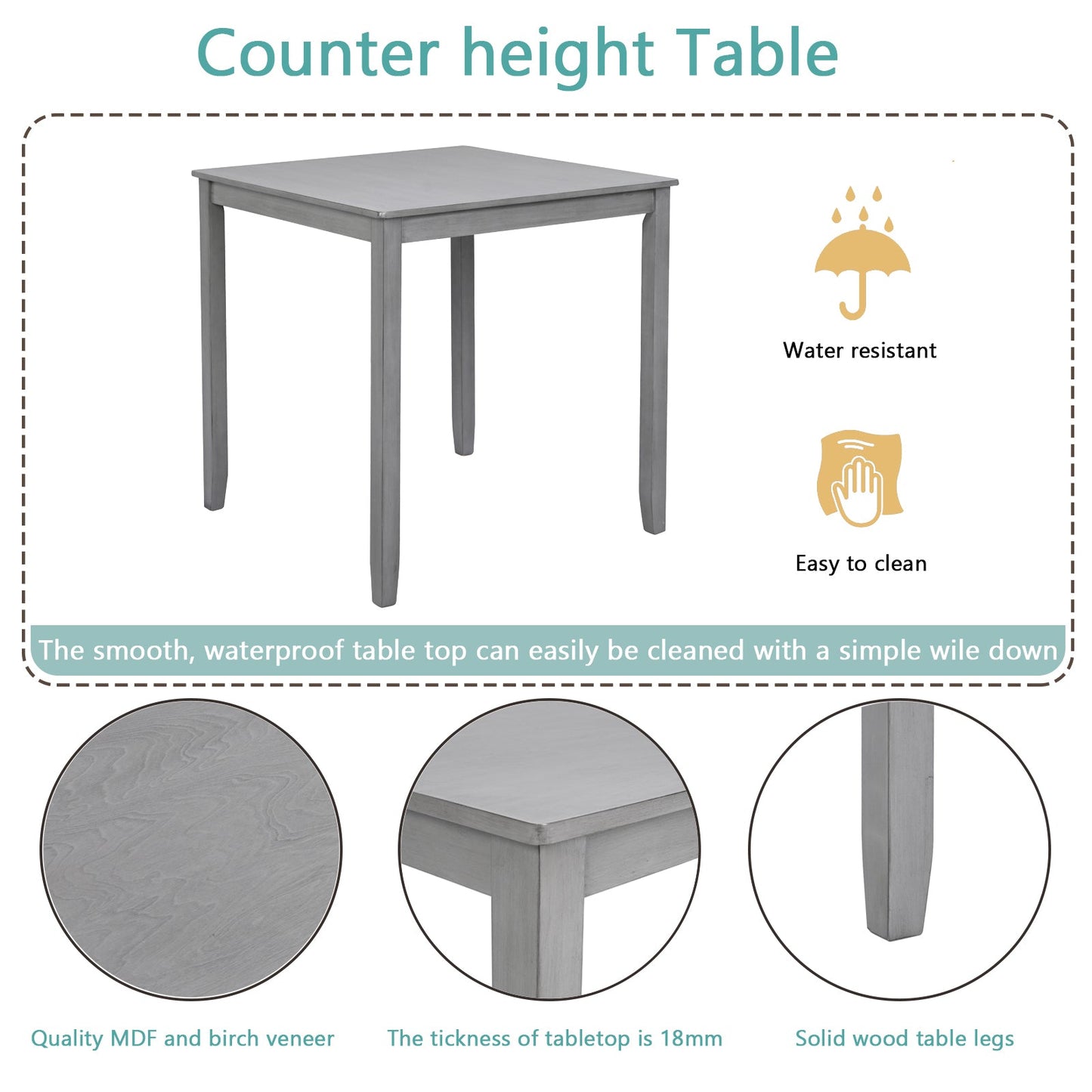 5PCs Dining Table Set, Wooden Dining Square Table Set for 4, Counter Height Kitchen Table Set with Square Table and 4 Upholstered Chairs for Small Space, Gray - 1st Choice Furniture Direct