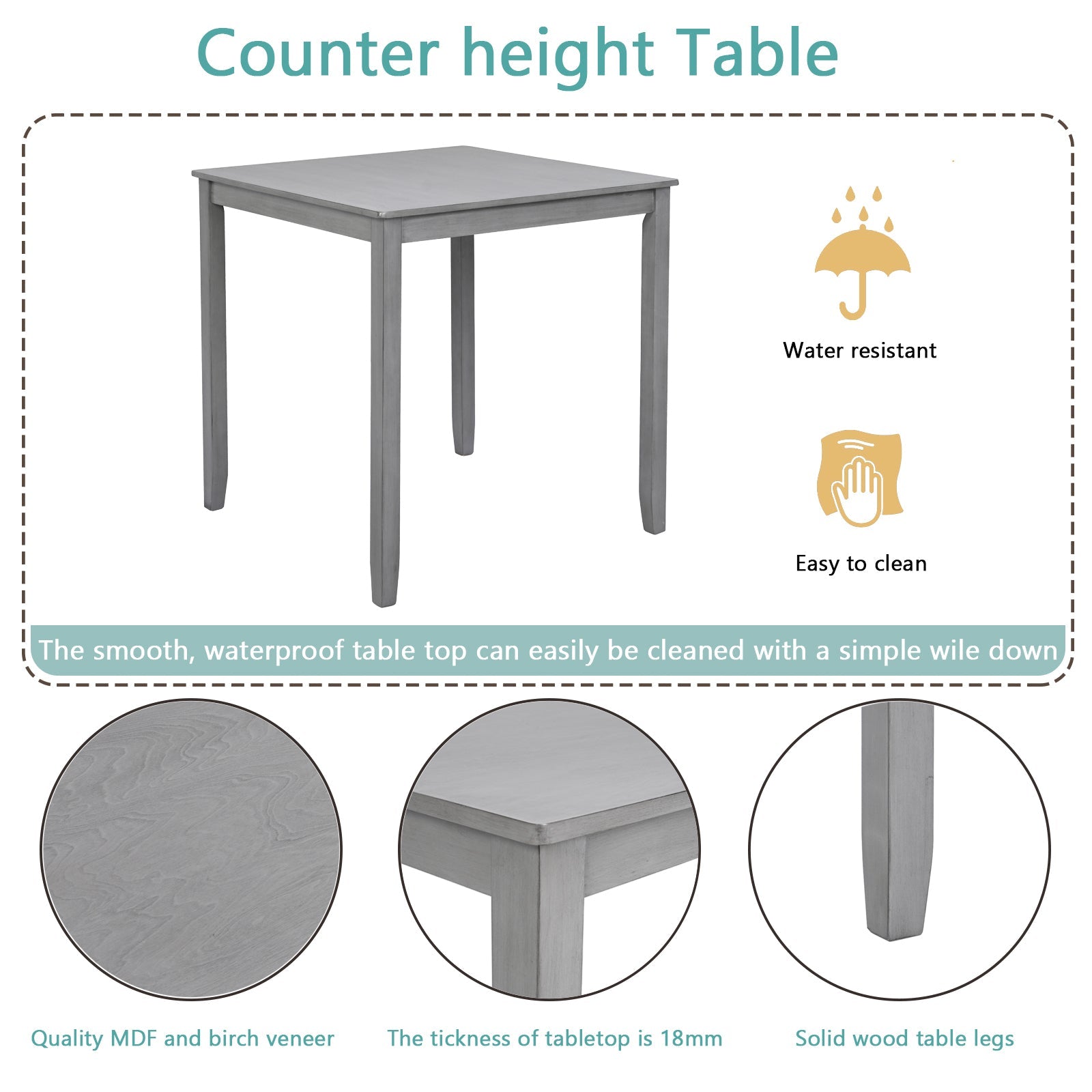 5PCs Dining Table Set, Wooden Dining Square Table Set for 4, Counter Height Kitchen Table Set with Square Table and 4 Upholstered Chairs for Small Space, Gray - 1st Choice Furniture Direct
