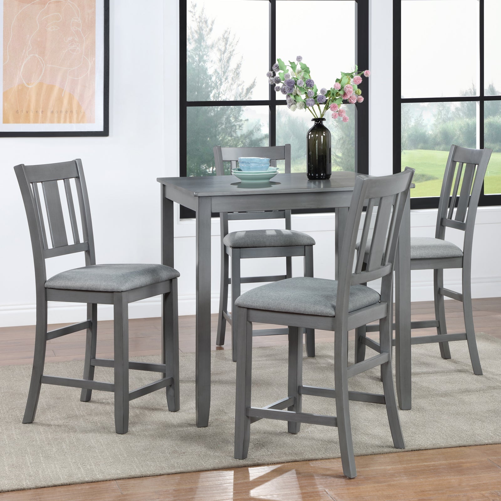5PCs Dining Table Set, Wooden Dining Square Table Set for 4, Counter Height Kitchen Table Set with Square Table and 4 Upholstered Chairs for Small Space, Gray - 1st Choice Furniture Direct