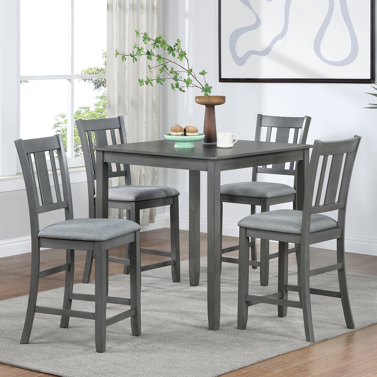5PCs Dining Table Set, Wooden Dining Square Table Set for 4, Counter Height Kitchen Table Set with Square Table and 4 Upholstered Chairs for Small Space, Gray - 1st Choice Furniture Direct