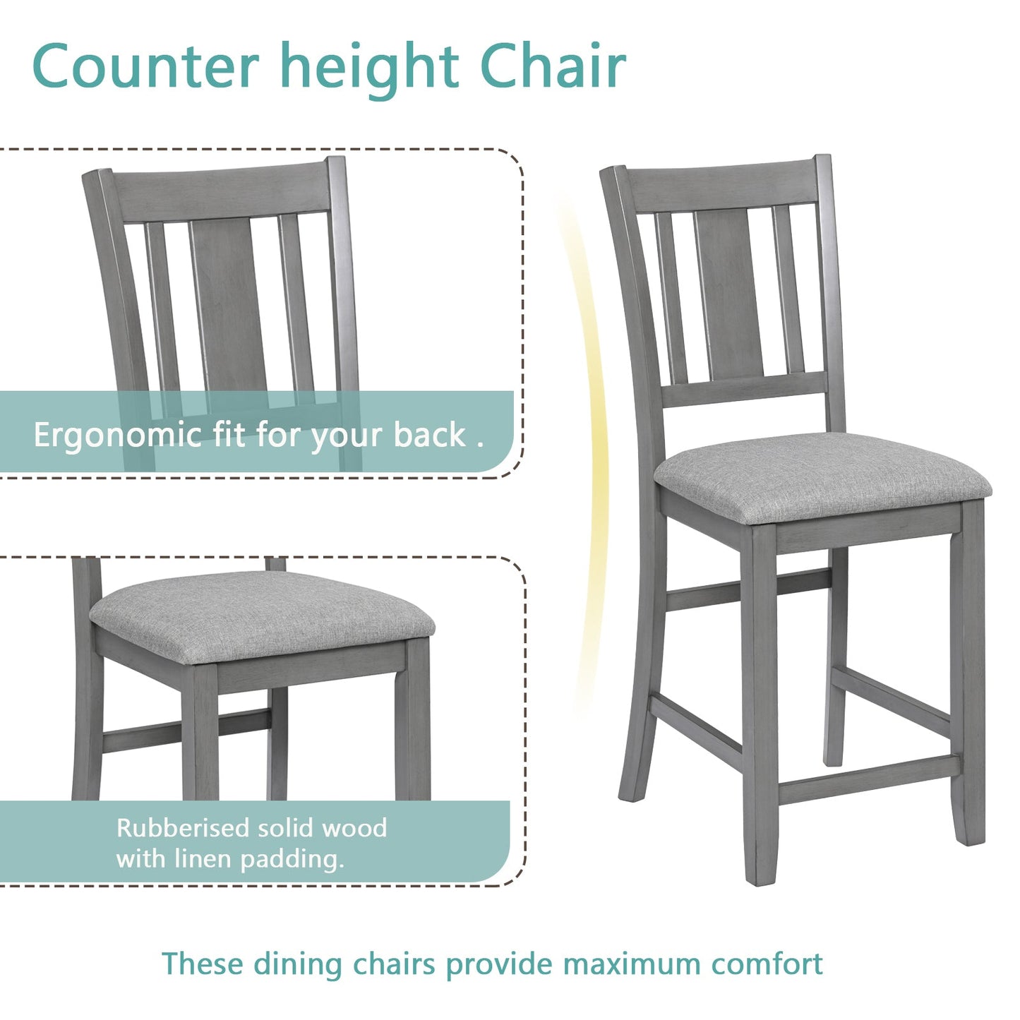 5PCs Dining Table Set, Wooden Dining Square Table Set for 4, Counter Height Kitchen Table Set with Square Table and 4 Upholstered Chairs for Small Space, Gray - 1st Choice Furniture Direct