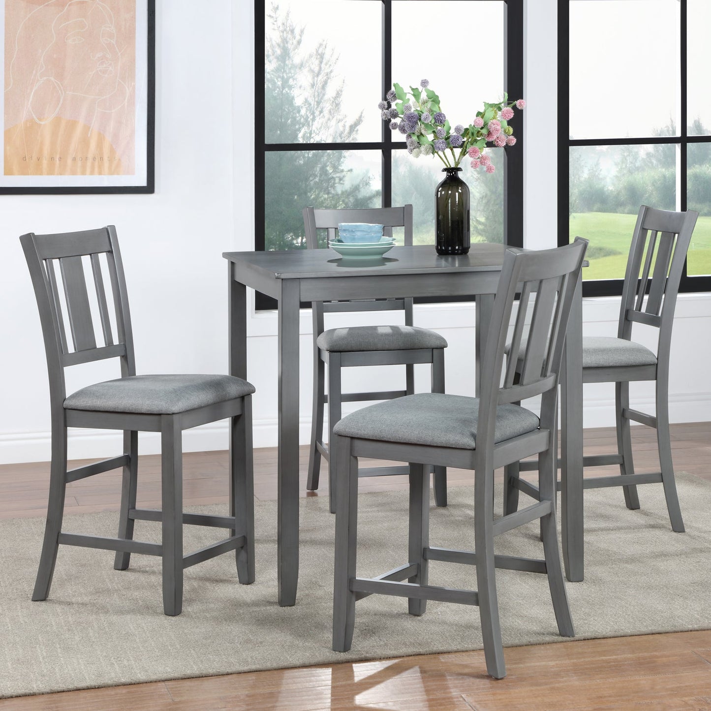 5PCs Dining Table Set, Wooden Dining Square Table Set for 4, Counter Height Kitchen Table Set with Square Table and 4 Upholstered Chairs for Small Space, Gray - 1st Choice Furniture Direct
