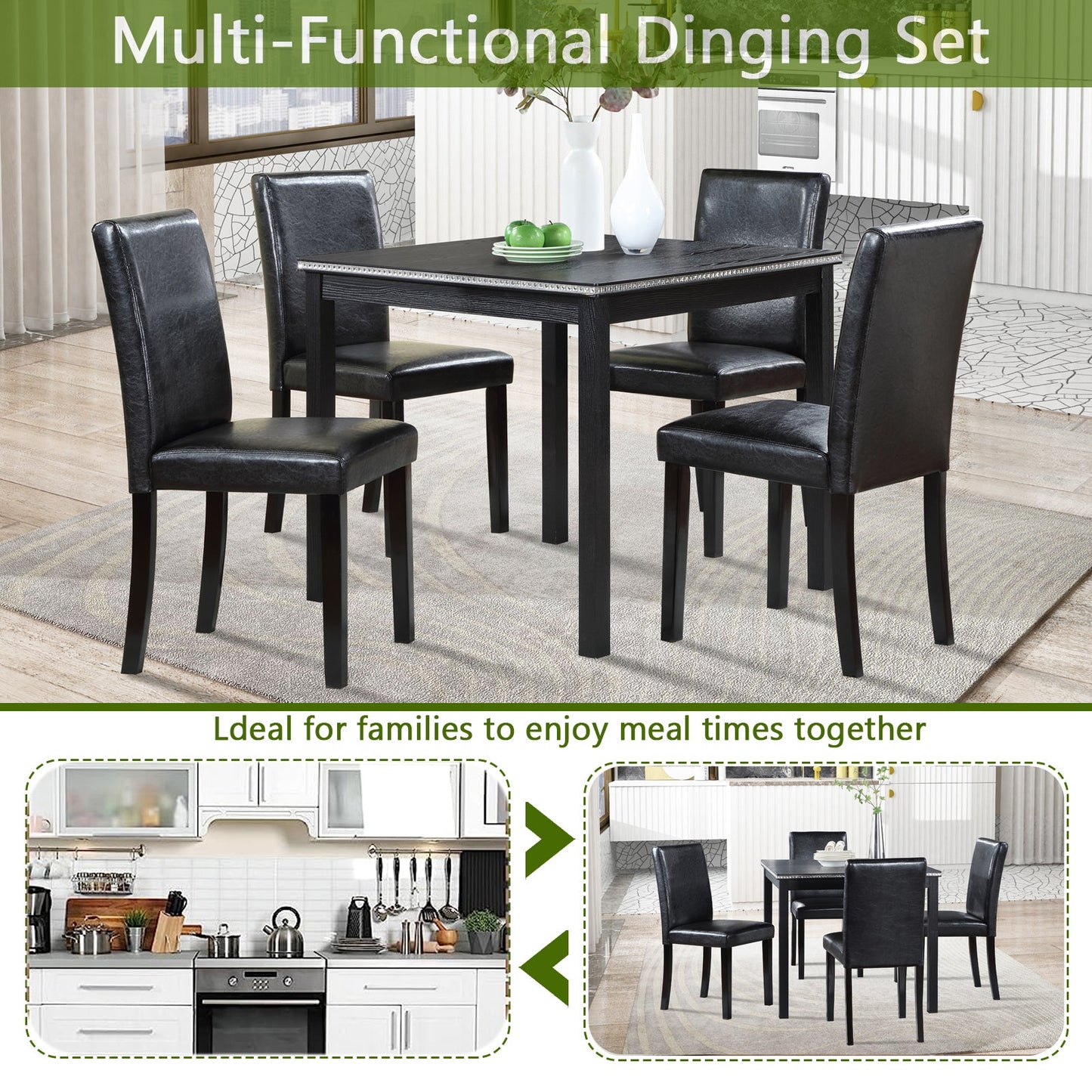 5PCs Wooden Dining Table Set, Kitchen Table Set with a Square Table And 4 Upholstered Chairs, Wooden Dining Room Table with Crystal Decoration and Chairs Set for Kitchen, Dining Room, Black - 1st Choice Furniture Direct
