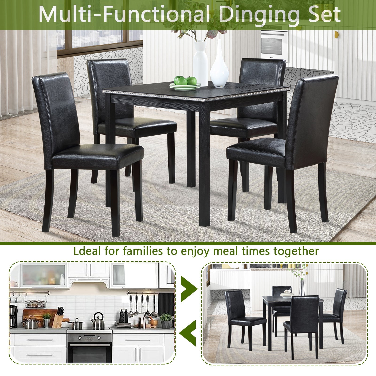 5PCs Wooden Dining Table Set, Kitchen Table Set with a Square Table And 4 Upholstered Chairs, Wooden Dining Room Table with Crystal Decoration and Chairs Set for Kitchen, Dining Room, Black - 1st Choice Furniture Direct