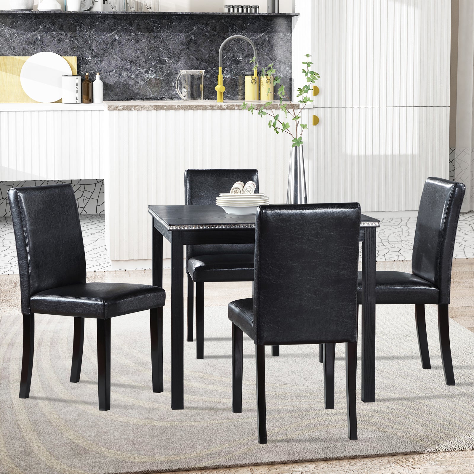 5PCs Wooden Dining Table Set, Kitchen Table Set with a Square Table And 4 Upholstered Chairs, Wooden Dining Room Table with Crystal Decoration and Chairs Set for Kitchen, Dining Room, Black - 1st Choice Furniture Direct