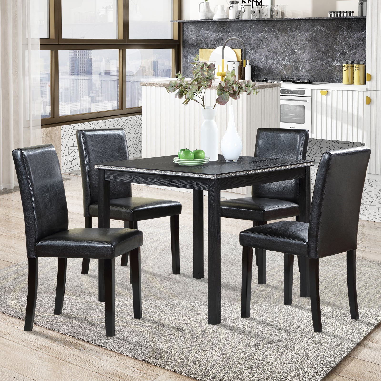 5PCs Wooden Dining Table Set, Kitchen Table Set with a Square Table And 4 Upholstered Chairs, Wooden Dining Room Table with Crystal Decoration and Chairs Set for Kitchen, Dining Room, Black - 1st Choice Furniture Direct