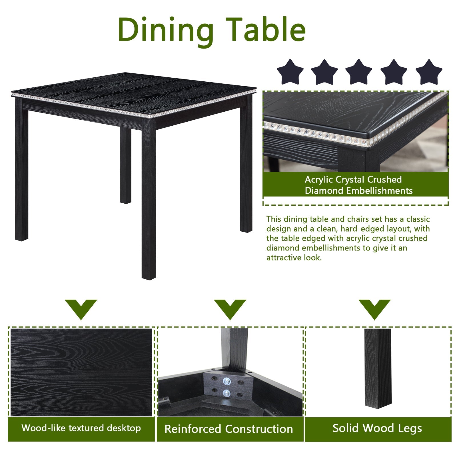 5PCs Wooden Dining Table Set, Kitchen Table Set with a Square Table And 4 Upholstered Chairs, Wooden Dining Room Table with Crystal Decoration and Chairs Set for Kitchen, Dining Room, Black - 1st Choice Furniture Direct