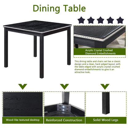 5PCs Wooden Dining Table Set, Kitchen Table Set with a Square Table And 4 Upholstered Chairs, Wooden Dining Room Table with Crystal Decoration and Chairs Set for Kitchen, Dining Room, Black - 1st Choice Furniture Direct